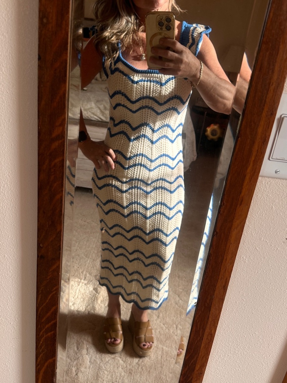 Skies Are Blue Knit Chevron Midi Dress in Cream and Blue- NWT Small